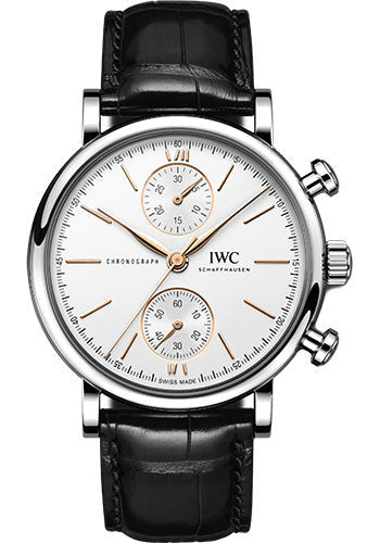 IWC Portofino Chronograph 39 Watch - Stainless Steel Case - Silver-Plated Dial - Black Alligator Leather Strap - IW391406
