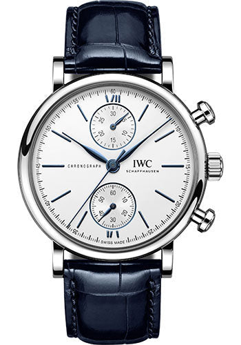 IWC Portofino Chronograph 39 Watch - Stainless Steel Case - Silver-Plated Dial - Blue Alligator Leather Strap - IW391407