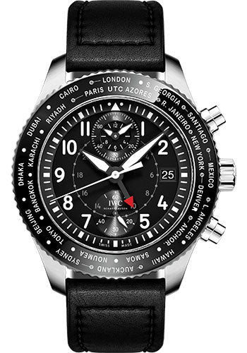 IWC Pilot's Watch Timezoner Chronograph - 46.0 mm Stainless Steel Case - Black Dial - Black Calfskin Strap - IW395001