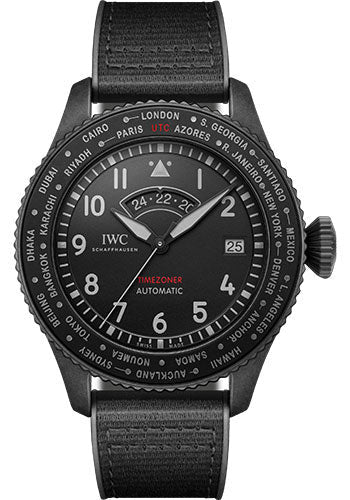 IWC Pilot's Watch Timezoner TOP GUN Ceratanium Watch - Ceratanium® Case - Black Dial - Black Rubber Strap - IW395505