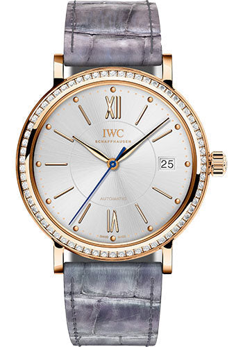 IWC Portofino Midsize Automatic Watch - 37 mm Red Gold Case - Silver Dial - Lilac Alligator Strap - IW458107