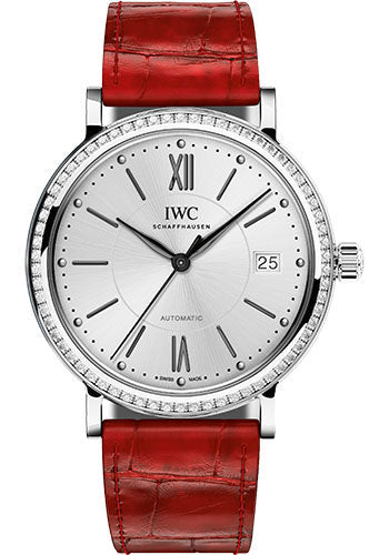 IWC Portofino Midsize Automatic Watch - 37 mm Stainless Steel Case - Silver Dial - Red Alligator Strap - IW458109