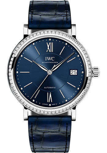 IWC Portofino Automatic 37 Watch - 37.0 mm Stainless Steel Case - Diamond Bezel - Blue Dial - Blue Alligator Strap - IW458111