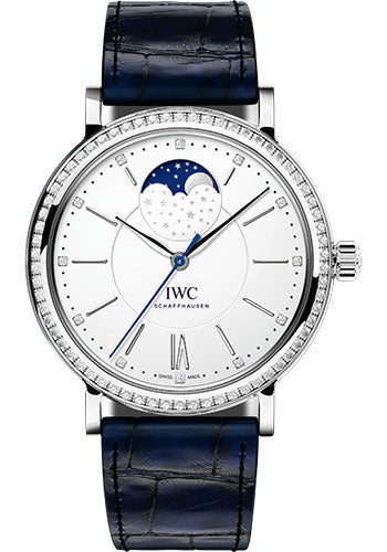 IWC Portofino Automatic Moon Phase 37 Watch - 37.0 mm Stainless Steel Case - Diamond Bezel - Silver Dial - Blue Alligator Strap - IW459008