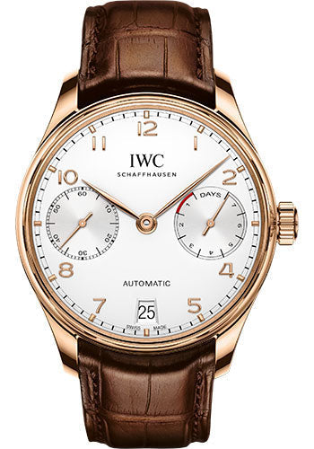 IWC Portugieser Automatic Watch - 42.3 mm 5N Gold Case - Silver Dial - Brown Alligator Strap - IW500701