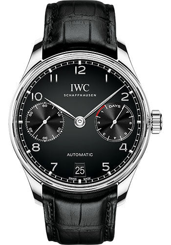 IWC Portugieser Automatic Watch - 42.3 mm Stainless Steel Case - Black Dial - Black Alligator Strap - IW500703