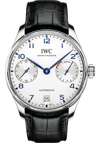 IWC Portugieser Automatic Watch - 42.3 mm Stainless Steel Case - Silver Dial - Black Alligator Strap - IW500705