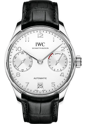 IWC Portugieser Automatic Watch - 42.3 mm Stainless Steel Case - Silver Dial - Black Alligator Strap - IW500712