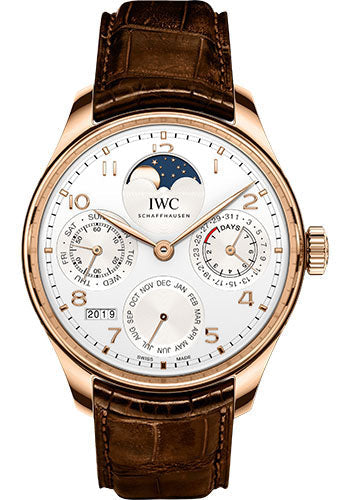 IWC Portugieser Perpetual Calendar Watch - 44.2 mm 5N Gold Case - Silver Dial - Dark Brown Alligator Strap - IW503302