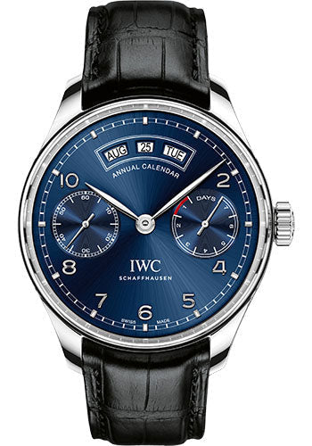 IWC Portugieser Annual Calendar Watch - 44.2 mm Stainless Steel Case - Midnight Blue Dial - Black Alligator Strap - IW503502