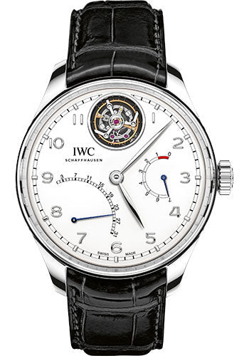 IWC Portugieser Tourbillon Mystere Retrograde Watch - 44.2 mm Platinum Case - Silver Dial - Black Alligator Strap - IW504601