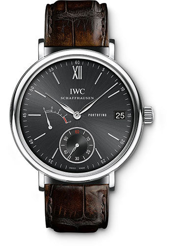 IWC Portofino Hand-Wound Eight Days Watch - 45 mm Stainless Steel Case - Black Dial - Dark Brown Alligator Strap - IW510102