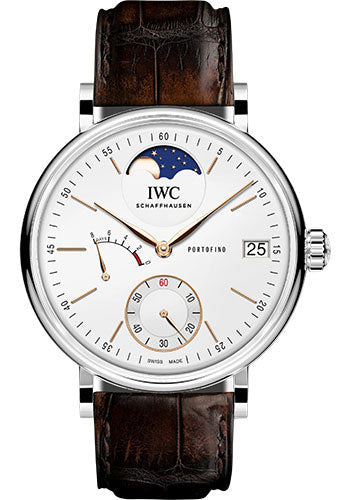 IWC Portofino Hand-Wound Moon Phase Watch - 45.0 mm Stainless Steel Case - Silver Dial - Dark Brown Alligator Strap - IW516401