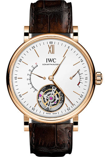 IWC Portofino Hand-Wound Tourbillon Retrograde Watch - 45.0 mm 5N Gold Case - Silver Dial - Dark Brown Alligator Strap - IW516501