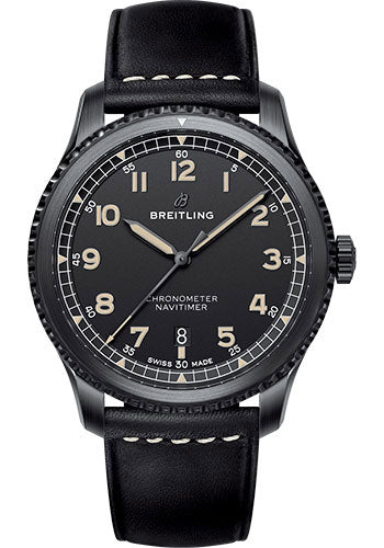 Breitling Aviator 8 Automatic 41 Watch - Black Steel Case - Black Dial - Black Leather Strap - M17314101B1X1