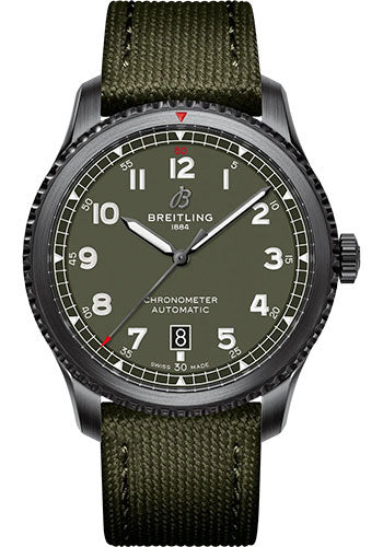 Breitling Aviator 8 Automatic 41 Black Steel Curtiss Warhawk Watch - DLC-Coated Stainless Steel - Green Dial - Khaki Green Calfskin Leather Strap - Folding Buckle - M173152A1L1X2
