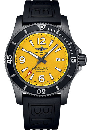 Breitling Superocean Automatic 46 Black Steel Watch - DLC-Coated Stainless Steel - Yellow Dial - Black Rubber Strap - Tang Buckle - M17368D71I1S1