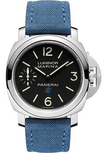 Panerai Luminor Logo - 44mm - Brushed Steel - Black Dial - Blue Canvas Strap - PAM00777