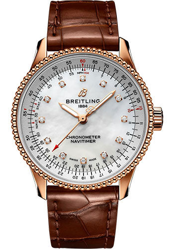 Breitling Navitimer Automatic 35 Watch - 18K Red Gold - Mother-Of-Pearl Dial - Brown Alligator Leather Strap - Tang Buckle - R17395211A1P1