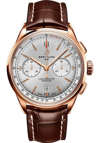 Breitling Premier B01 Chronograph 42 Watch - 18K Red Gold - Silver Dial - Brown Alligator Leather Strap - Folding Buckle - RB0118371G1P2
