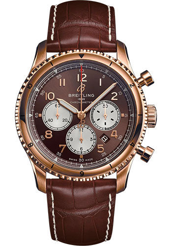 Breitling Aviator 8 B01 Chronograph 43 Watch - 18K Red Gold - Bronze Dial - Brown Alligator Leather Strap - Folding Buckle - RB0119131Q1P2
