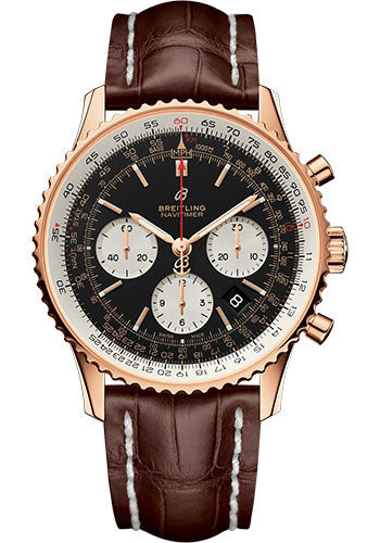 Breitling Navitimer 1 B01 Chronograph 43 Watch - Red Gold Case - Black Dial - Brown Croco Strap - RB0121211B1P1
