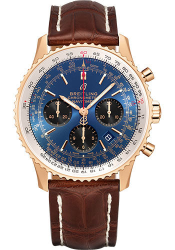 Breitling Navitimer B01 Chronograph 43 Watch - 18k Red Gold - Blue Dial - Brown Croco Strap - Folding Buckle - RB0121211C1P4