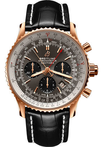 Breitling Navitimer B03 Chronograph Rattrapante 45 Watch - 18K Red Gold - Anthracite Dial - Black Alligator Leather Strap - Tang Buckle - RB0311E61F1P1