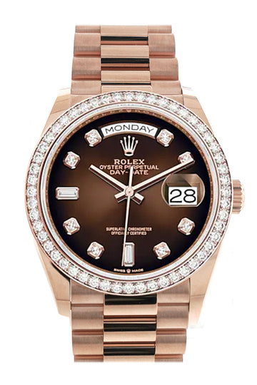 Rolex Day-Date 36 Brown Ombre Diamond Dial Diamond Bezel 18K Everose Gold President Watch 128345RBR