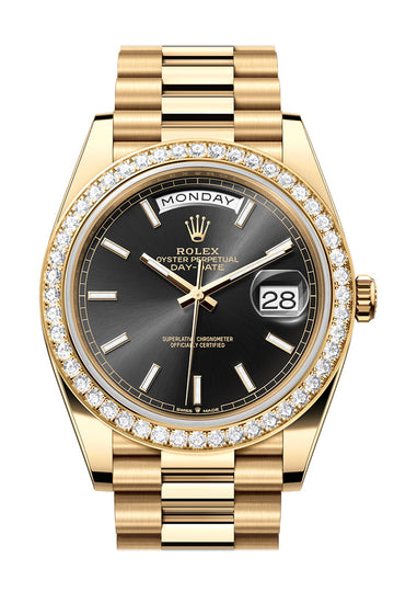 Rolex Day-Date 40 Bright Black Dial Diamond Bezel Yellow Gold President Men's Watch 228348RBR 228348
