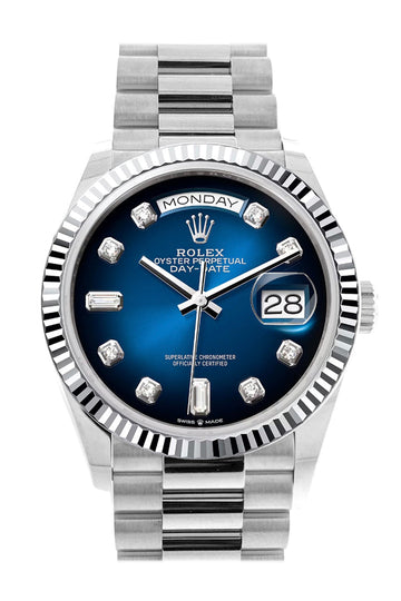 Rolex Day-Date 36 Blue Ombre Diamond Dial Fluted Bezel Platinum President Watch 128236