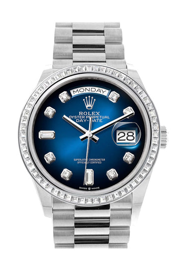 Rolex Day-Date 36 Blue Ombre Dial Diamond Bezel Platinum President Watch 128396TBR