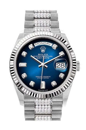 Rolex Day-Date 36 Blue Ombre Diamond Dial Fluted Bezel White Gold Diamond President Watch 128239