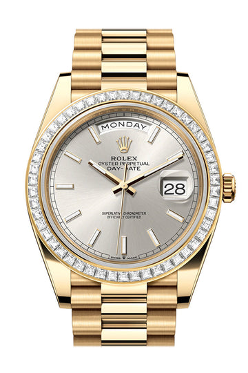 Rolex Day-Date 40 Silver Dial Baguette Diamond Bezel 18K Yellow Gold President Men's Watch 228398TBR