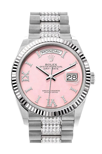 Rolex Day-Date 36 Pink Opal Diamond Dial Fluted Bezel White Gold Diamond President Watch 128239