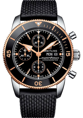 Breitling Superocean Heritage II Chronograph 44 Watch - Steel and Rose Gold Case - Volcano Black Dial - Black Rubber Aero Classic Strap - U13313121B1S1