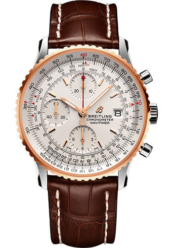 Breitling Navitimer Chronograph 41 Watch - Steel & Red Gold - Mercury Silver Dial - Brown Alligator Strap - Tang Buckle - U13324211G1P1