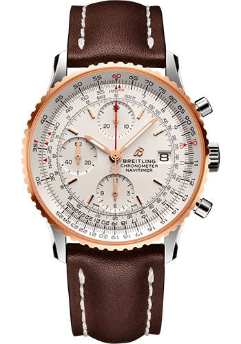 Breitling Navitimer Chronograph 41 Watch - Steel & Red Gold - Mercury Silver Dial - Brown Leather Strap - Tang Buckle - U13324211G1X1