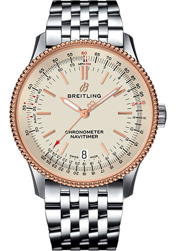 Breitling Navitimer 1 Automatic 38 Watch - Steel and Red Gold Case - Silver Dial - Steel Navitimer Bracelet - U17325211G1A1