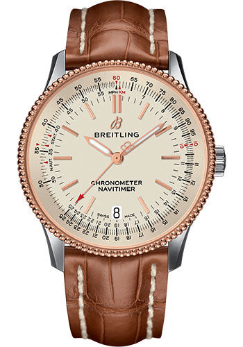 Breitling Navitimer 1 Automatic 38 Watch - Steel and Red Gold Case - Silver Dial - Gold Croco Strap - U17325211G1P1