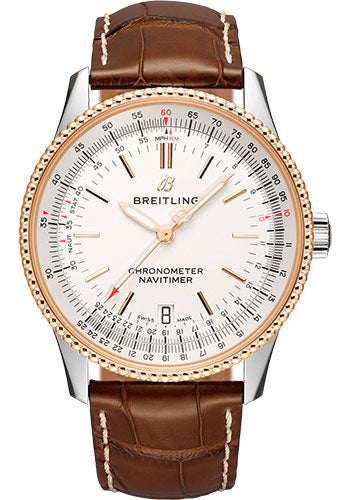 Breitling Navitimer Automatic 38 Watch - Steel & Red Gold - Silver Dial - Gold Croco Strap - Folding Buckle - U17325211G1P2