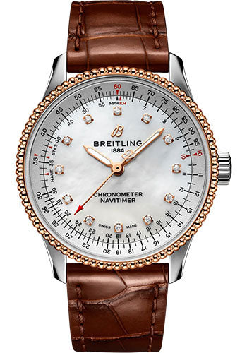 Breitling Navitimer Automatic 35 Watch - Steel and 18K Rose Gold - Mother-Of-Pearl Dial - Brown Alligator Leather Strap - Folding Buckle - U17395211A1P2