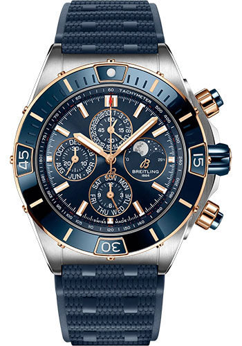 Breitling Super Chronomat 44 Four-Year Calendar Watch - Steel and 18K Red Gold - Blue Dial - Blue Rubber Strap - Folding Buckle - U19320161C1S1