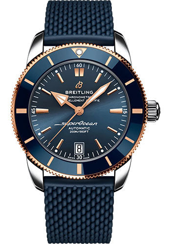 Breitling Superocean Heritage B20 Automatic 42 Watch - Steel and 18K Red Gold - Blue Dial - Blue Rubber Strap - Folding Buckle - UB2010161C1S1