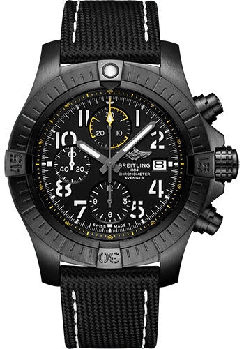 Breitling Avenger Chronograph 45 Night Mission Watch - DLC-Coated Titanium - Black Dial - Anthracite Calfskin Leather Strap - Folding Buckle - V13317101B1X2