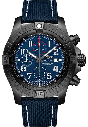 Breitling Super Avenger Chronograph 48 Night Mission Watch - DLC-Coated Titanium - Blue Dial - Blue Calfskin Leather Strap - Tang Buckle - V13375101C1X1