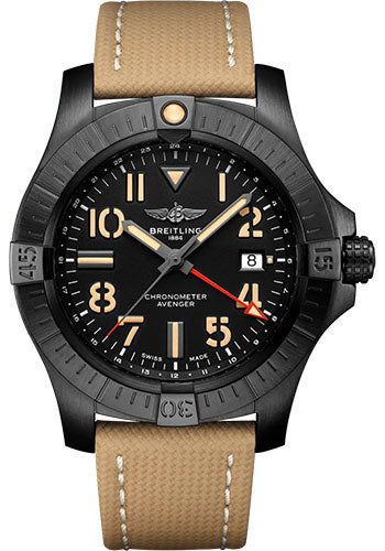 Breitling Avenger Automatic GMT 45 Night Mission Watch - DLC-Coated Titanium - Black Dial - Sand Calfskin Leather Strap - Folding Buckle - V32395101B1X2