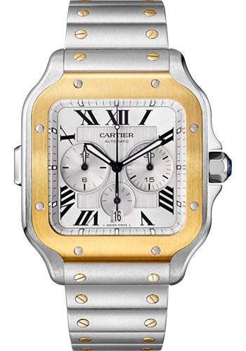 Cartier Santos de Cartier Chronograph Watch - 43.3 mm Gold And Steel Case - Silver Dial - Steel Bracelet - W2SA0008