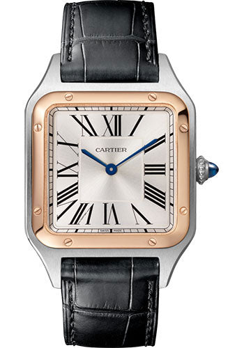 Cartier Santos-Dumont Watch - 43.5 mm Pink Gold And Steel Case - Silver Dial - Black Strap - W2SA0011