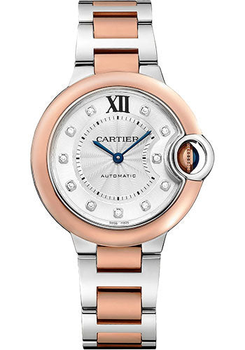 Cartier Ballon Bleu de Cartier Watch - 33 mm Steel and Rose Gold Case - Silvered Diamond Dial - Interchangeable Two-Tone Bracelet - W3BB0021